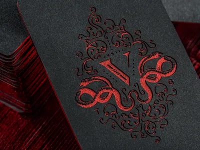 V Group Etched Business Cards black engraved foil foil edging laser etch monogram red snake the v group
