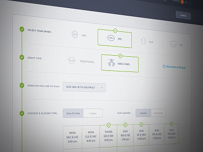 Game Selection Process app clean dashboard design form game process sports ui ux web app wireframes