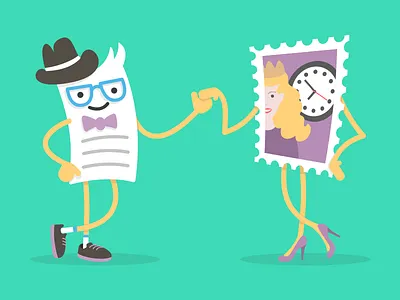 Billingo Billy and the Timestamp cartoon character girl high heels illustration introducing invoice lady presenting stamp standing timestamp