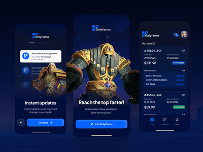 Gaming, Order tracking | Mobile Application, OnlyFarms app application boosting esports game gameboost gameprogress gamersupport gaming gamingapp mobile app online onlyfarms order trackorders ui ui design videogames