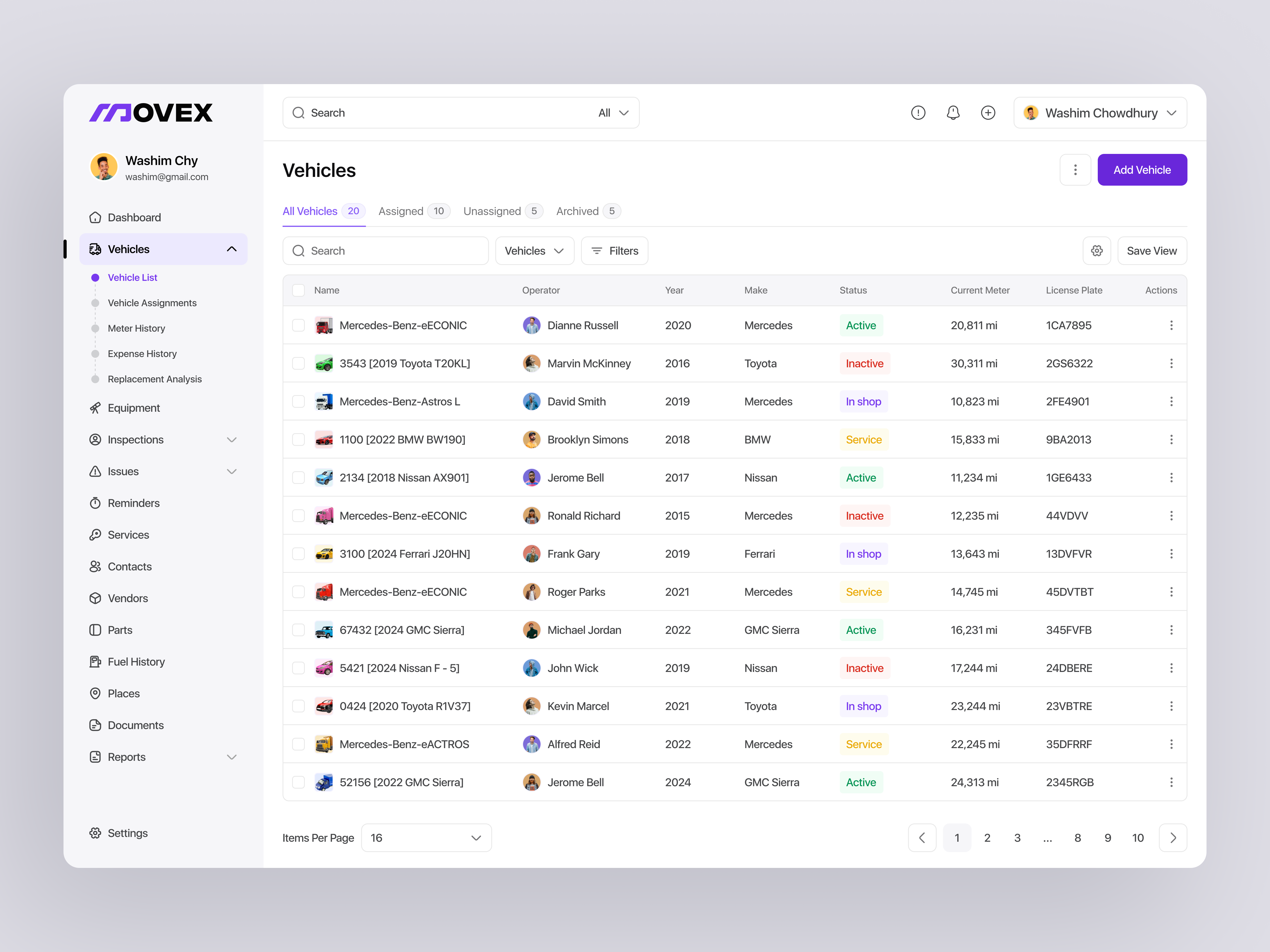 Example of Movex SaaS - Vehicles List.