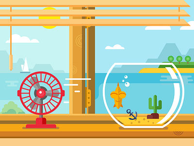 Fan and aquarium on windowsill aquarium blinds fan fish flat illustration kit8 open summer vector window windowsill