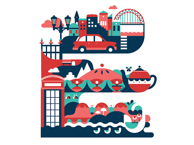 E . . . bridge car gate houses lamp letter phonebooth pie river swan tea vector