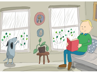 Rainy Day book cartoon dog illustration plant rain