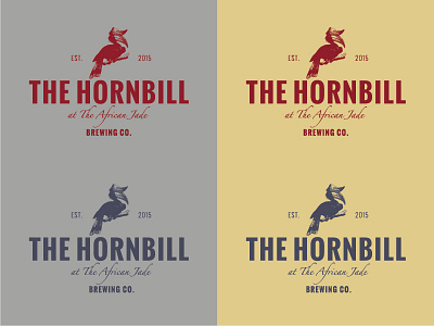 The Hornbill bird blue brew gray logo red sans script yellow