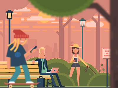 Summer Park bench businessman character cloud dusk evening park skateboard skater summer sun tree