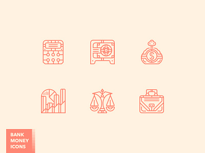 Fancy bank and money icon set bank calculator case icon money moneybag monoline safe scales vector