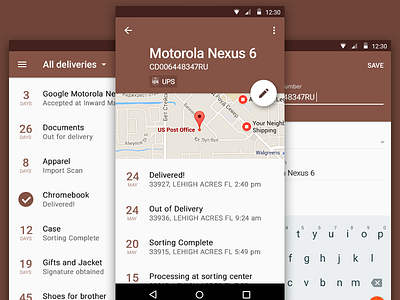 Parcel for Android Material Design android app delivery lollipop material mobile package parcel phone tracking ui ux