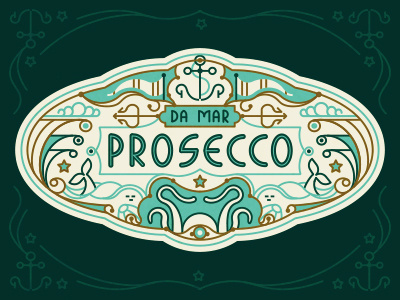 Da Mar Prosecco anchor flag label ocean octopus trident vector waves whale