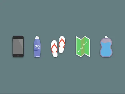 5 Travel Essentials flip flops illustration iphone map suncream travel water bottle