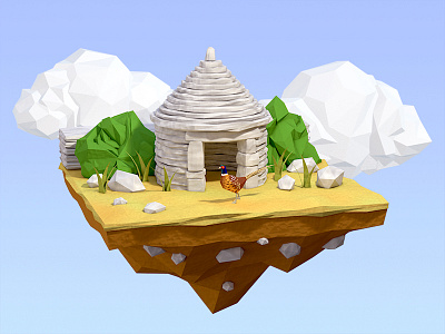 Pheasant's house 3d 3d illustration cinema 4d clouds illustration little stone house low poly pheasant render sky