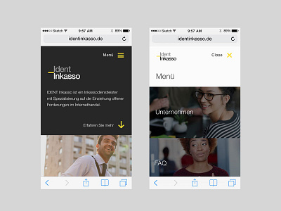 Ident Inkasso mobile landing and menu