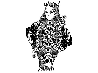 Queen of Hearts bw cards death illustration life skeleton