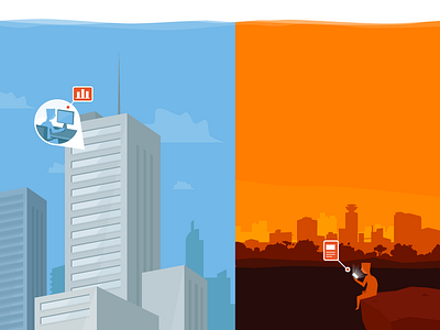 Split screen blue building city illustration mountain orange