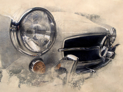 Mercedes SL190 chrome classic cars coloured pencil detail drawing glass head light mercedes metal reflection vintage vintage art