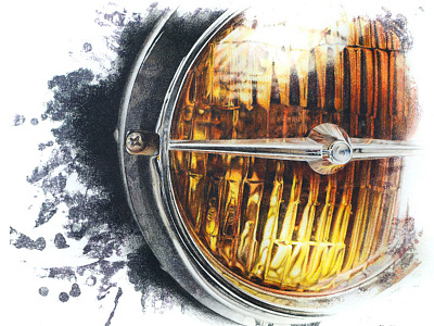 Sunrise chrome details drawing glass head light mustang pencil photo realism reflection vintage