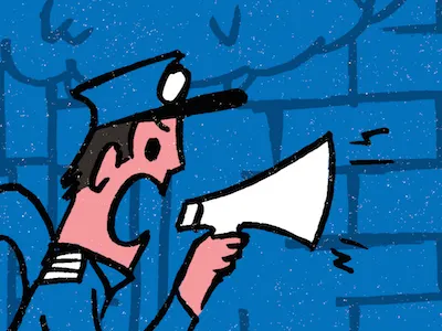 Halt! feathered fiend halt illustration police running series speakerphone stop yelling