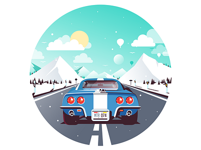 Corvette Road Trip car corvette flat icon illustration mountains print road snow sun vector winter