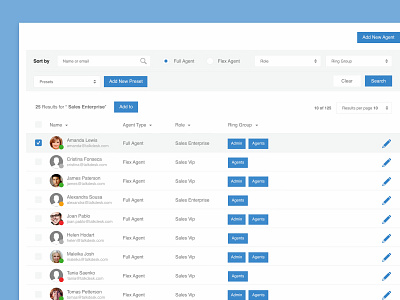 Agents Managments actions app blue edit roles search status table ui ux visual design