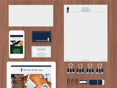 Collateral Material for The Pros & The Cons branding business cards letterhead stationary