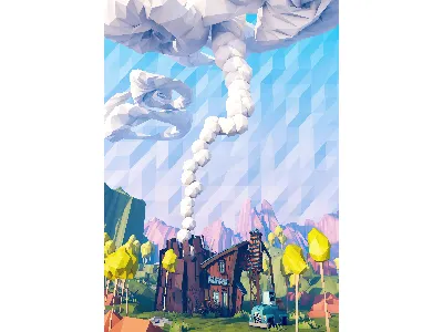 Steam 1 3d cinema 4d day house illustration landscape light little car low poly smoke steam wood