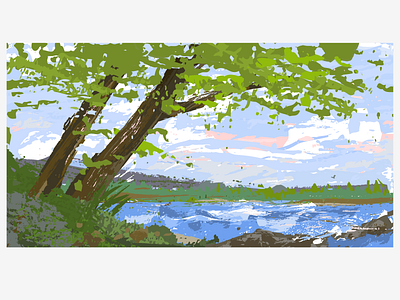 Windy Lake brushes bushes landscape painterly reflection rocks texture trees vector water wind