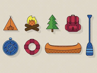 Camping Icons backpack camping canoe compass flat design half tone illustration oar pine tree raft summer tent