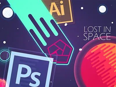 Lost In Space blur brand flat fun identity illustrator logo meteor photoshop planets space stars