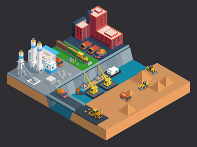 Factory 2d bridge building concrete dust factory illustration isometric truck vector