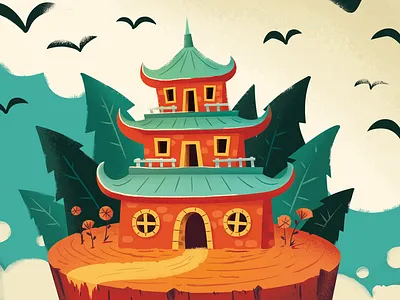 Red Cliff asia building china green house illustartion kids pagoda red