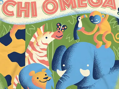 Chi Omega (2/2) butterfly chi omega elephant giraffe illustration jungle monkey palm tree toucan zebra