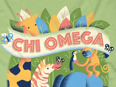 Chi Omega (1/2) butterfly chi omega elephant giraffe illustration jungle monkey palm tree toucan zebra