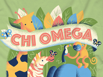 Chi Omega (1/2) butterfly chi omega elephant giraffe illustration jungle monkey palm tree toucan zebra