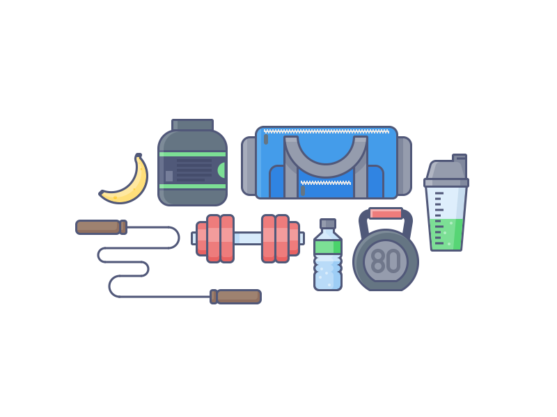 Workout time! fitness fruit gym health icons illustration