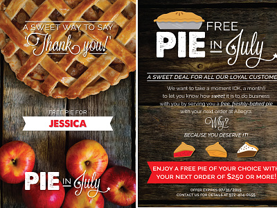 Pie in July apple customer appreciation direct mail giveaway graphic design illustration illustrations july pie pie in july post card design postcard postcard design slice of pie variable data wood