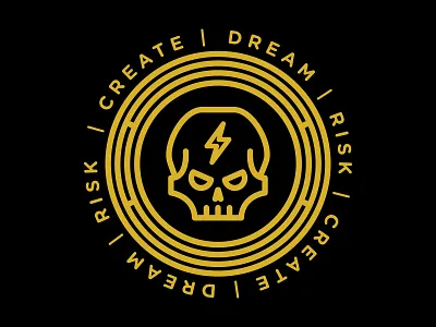 Skull - Dream, Risk, Create gold lightning bolt logo skull