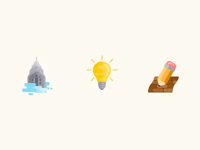 Simple coloured icons bricks color flat icons lamp pencil skyscraper vector