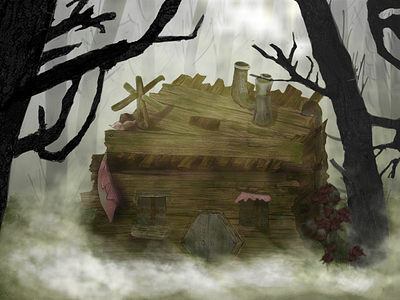 House Design digital painting fog forest house trees