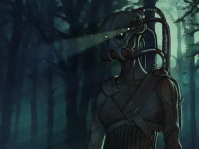 Postapo forest blue dark forest photoshop paintig postapo girl robot sci fi