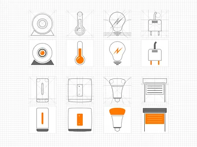 Set of icons application connected object construction icons line mobile orange wireframe