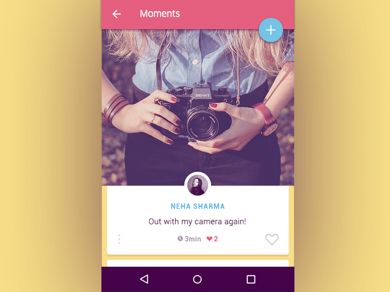 Moments animation app fab feed likes material photos posts scroll stories timeline ui