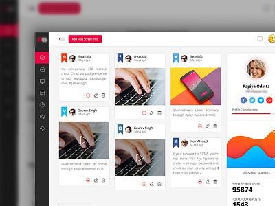Content Management Dashboard. cards facbook google posts psd twitter ui user experience user interface ux vimeo web app