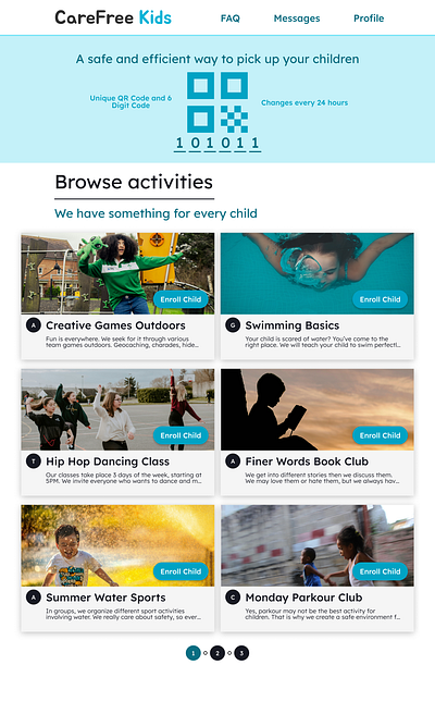 CareFree Kids. For parents to enroll children in activities. activities children design parent responsive ui ux website