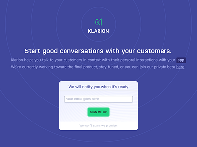 Klarion Private Beta homepage tumult hype website