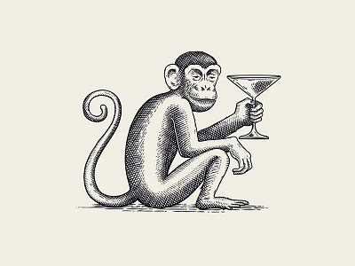 Drunk Monkey branding design etchingstyle illustration logo retro victorian vintage