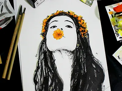 girl with flowers beautiful black and white blanco y negro chic girl ink