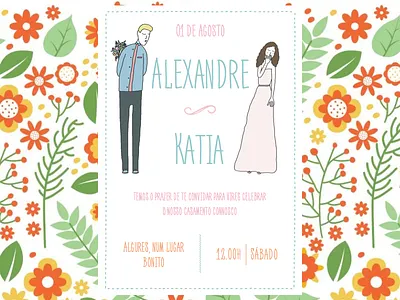 Wedding Invitation (Front side) blue colorful flat font handmade handwritten illustration invitation orange pink wedding wedding invitation
