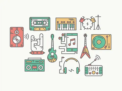 Music Icons band guitar hipster icon line icon mixtape music radio record player vintage