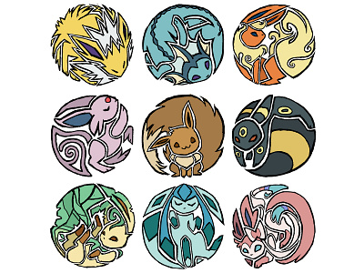 Circle compositions eevee espeon evolutions flareon glaceon illustrations jolteon leafeon pokemon sylveon umbreon vaporeon