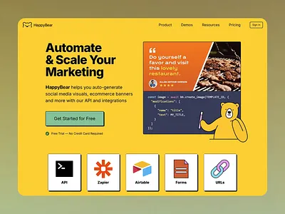 HappyBear - Marketing Automation Platform api automation bear bear animie design ecommerce illustration landing page marketing marketing tools platform social media software urls uxui visually appealing visuals web ui web ux yellow mode